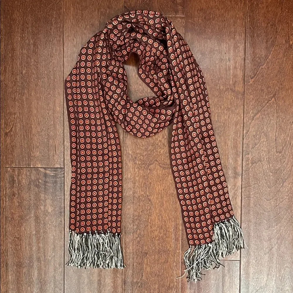 Geometric Patterned Scarf with Fringe, Shades of Brown, Brick, Red and Beige